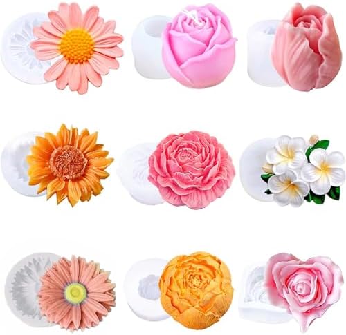 9Pcs Flower Silicone Molds for Candle Making 3D Sunflower Rose Peony Daisy Shape Silicone Soap Molds for DIY Home Decor Handmade Gift (9PCS Flower Mold Set) by Zohuyar