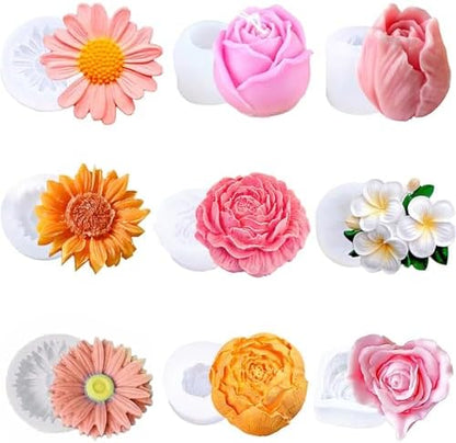 9Pcs Flower Silicone Molds for Candle Making 3D Sunflower Rose Peony Daisy Shape Silicone Soap Molds for DIY Home Decor Handmade Gift (9PCS Flower Mold Set) by Zohuyar