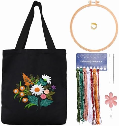 CREAWONDER Canvas Tote Bag Embroidery Kit with Pattern for Beginners, Arts and DIY Embroidery Crafts Kits for Adults, Include Instructions, Thimble, Embroidery Hoops, Color Threads and Tool by Unknown