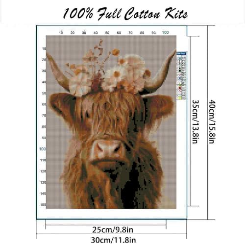 Stamped Cross Stitch Kits for Adults Beginners, Cow Flowers Easy DIY Counted Cross Stitch Kit Printed Patterns Dimensions Needlepoint Art Crafts Embroidery Kits for Home Wall Decor 15.7x11.8 inches - Image 2