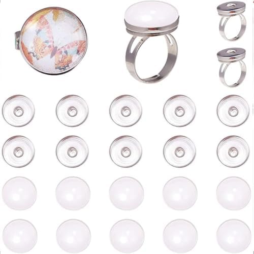 SUNNYCLUE 1 Box 62Pcs Button Finger Ring 2Pcs Adjustable Components with 30Pcs Snap Button Cabochon Settings 30Pcs Glass Cabochons Tray Settings for Jewelry Making Kit by SUNNYCLUE