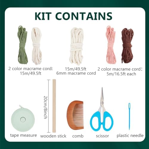 WEBEEDY Macrame Kit for Beginners DIY Macrame Wall Hanging Craft Set Boho Cactus Macrame Tapestry Wall Decor DIY Macrame Cord Kit with 61 Yard Cotton Cord, Wooden Stick and Other Supplies,20x60cm - Image 2