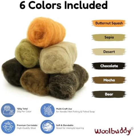 Woolbuddy Corriedale Wool Roving Kit for Needle Felting (Brown) 20g Each - Image 3