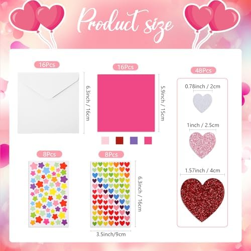 Zonon 16 Pack Valentines Crafts DIY Card Valentines's Day Kits Foam Heart Sticker Craft DIY Kits Envelopes Cards Set for Exchange Gifts (Bright Color) - Image 2