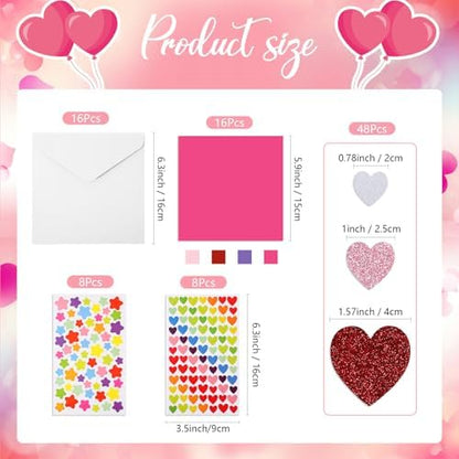 Zonon 16 Pack Valentines Crafts DIY Card Valentines's Day Kits Foam Heart Sticker Craft DIY Kits Envelopes Cards Set for Exchange Gifts (Bright Color) - Image 2