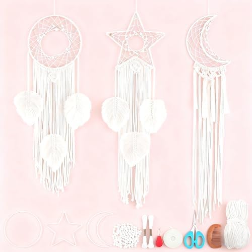 ACRNIGHEET 3 Sets Moon/Star/Dream Catcher Macrame Kit for Adults Beginners Boho Macrame Wall Hanging Decor with Video Tutorials Handmade Woven Boho Home Decor for Bedroom Dorm Decoration by ACRNIGHEET