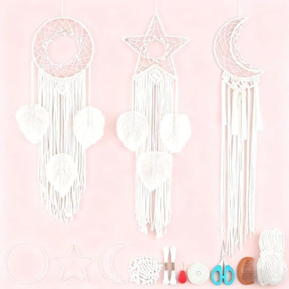 ACRNIGHEET 3 Sets Moon/Star/Dream Catcher Macrame Kit for Adults Beginners Boho Macrame Wall Hanging Decor with Video Tutorials Handmade Woven Boho Home Decor for Bedroom Dorm Decoration by ACRNIGHEET