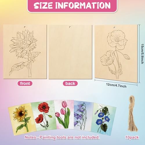 COCHIE 10 Pieces Large Flowers Unfinished Wood Crafts to Paint for Adults, Bulk Predrilled Wooden Ornaments for Painting, Tulips Flower Paintable Wood Slices Craft Supplies with Ropes - Image 2