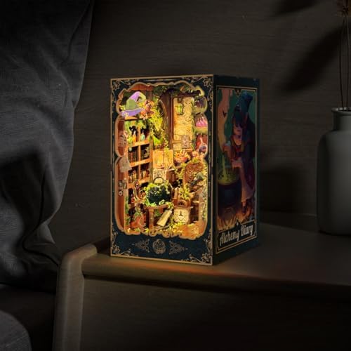 DIY Book Nook Kit for Adults and Teens 3D Wooden Puzzle Miniature Tiny House Dollhouse Kit Bookshelf Booknook Bookcase Model Build Gift Kit Decor with LED Light-Alchemy Diary(SQ-43) - Image 4