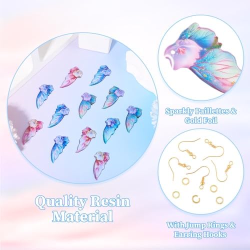 FASHEWELRY 16Pcs Resin Angel Wings Charms Sequins Butterfly Wing Pendants Pastel Pink Blue Fairy Wing Charms with Earring Hooks Jump Rings for Jewelry Making - Image 3