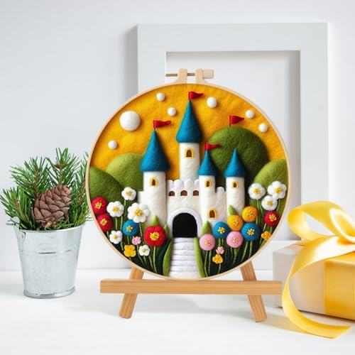 Needle Felt Starter Set, Wool Felt Painting Needle Felting Kit, Felt Painting Kit for Beginners Adult Castle Flowers Wool Needle Felt Set with Felt Needle, Picture Frame DIY Craft Project Decor - Image 2