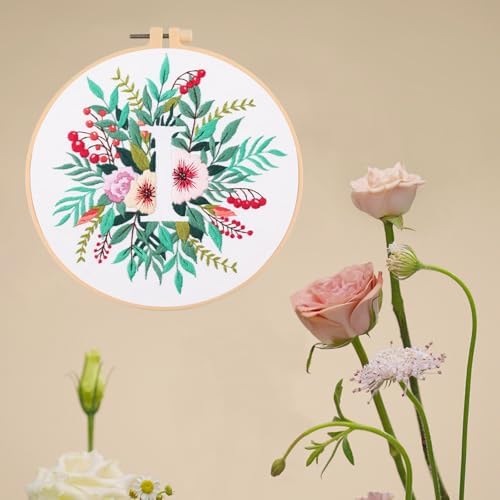 IUHUI Embroidery Kit for Beginners Adults - 26 Floral Letters Easy Patterns, DIY Hand Stitching Embroidery Set with Hoop (Flower and Grass Letter I) - Image 3