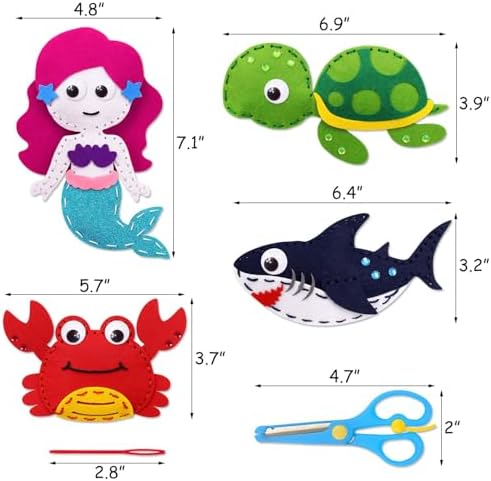 CiyvoLyeen Sea Animals Sewing Kit Mermaid DIY Felt Plush Craft Kit Make Your Own Ocean Animals Gifts for Beginner Boys and Girls Educational Kids Art Craft Supplies Set of 12 - Image 4