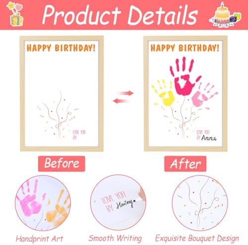 QOUBAI Birthday Handprint Balloon Art Craft DIY Kit Happy Birthday Gifts Children Adults Handprint Keepsake for Mom Father Friend Grandparent Birthdays Gift Christmas (12X16in, with Wood Frame) - Image 3