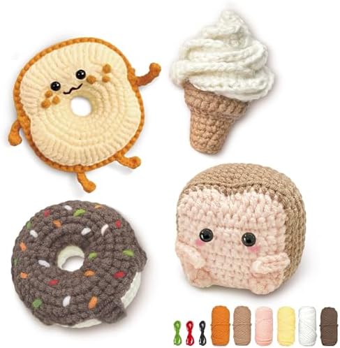 YAMAXIN Crochet Kit for Beginners, Beginner Crochet Kits with Step-by-Step Video Tutorials, Crochet Starter Kit for Adults with Yarn Sets (4pc Butter Toast, Bread, Doughnuts, ice Cream) by YAMAXIN