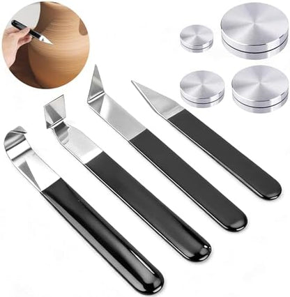Supkirr 4 Pcs Metal Clay Carving Knife, Pottery Clay Sculpture Tools Set with 4 Throwing Trimming Spinner Tools, Stainless Pottery Trimming Knifes for Engraving, Styling Pottery, Shaping and Sculpture by Supkiir