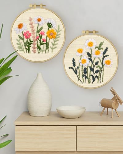 ERKOON Punch Needle Kit Adults Beginners, 2 Pcs DIY Easy Flower Embroidery Set for Starter Art Craft, Needling Punching Project with Patterns, Tools, Yarns, Hoop, Instruction (Daisies) - Image 7