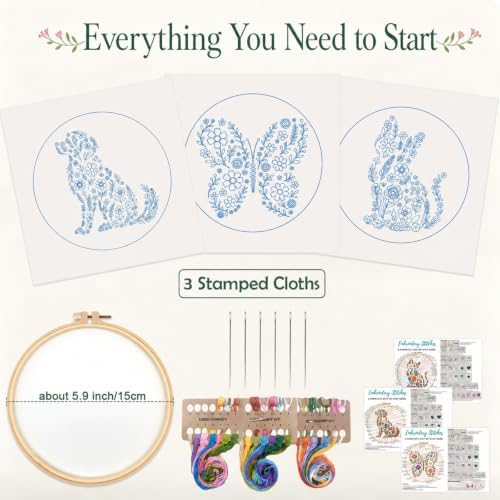 Nuberlic 3 Pack Embroidery Kit for Beginners with Animal Floral Patterm - Image 4
