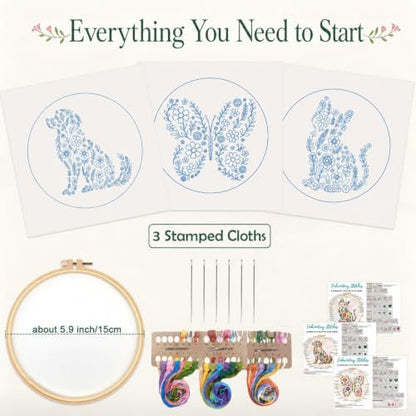 Nuberlic 3 Pack Embroidery Kit for Beginners with Animal Floral Patterm - Image 4