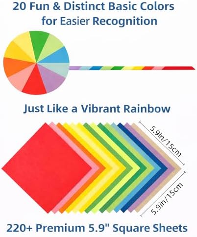 Origami Paper 6x6 Inch, Double Sided Color, 220 Sheets, 20 Fun & Distinct Colors, Child-Friendly, with DIY Accessory Kit for Hands-on Art and Craft Projects - Image 2