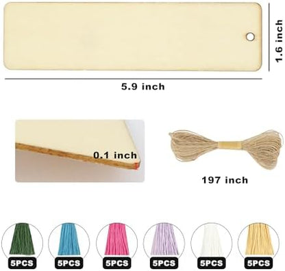 SWATOM Wood Bookmarks Blank DIY Wooden Bookmark Craft Bulk 30 PCS Unfinished Wood Tags Rectangle Shape Ornaments with Holes and Tassels for Wedding Party Birthday Decoration - Image 3