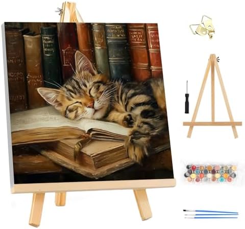 EOBROMD Sleepy Cat Framed Paint by Numbers Kits for Adults with Wooden Easel, DIY Paint by Numbers for Adults Beginner, Painting on Stretched Canvas, Oil Painting Kits for Home Decor Gift 10x10 Inch by EOBROMD