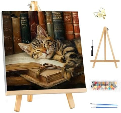 EOBROMD Sleepy Cat Framed Paint by Numbers Kits for Adults with Wooden Easel, DIY Paint by Numbers for Adults Beginner, Painting on Stretched Canvas, Oil Painting Kits for Home Decor Gift 10x10 Inch by EOBROMD