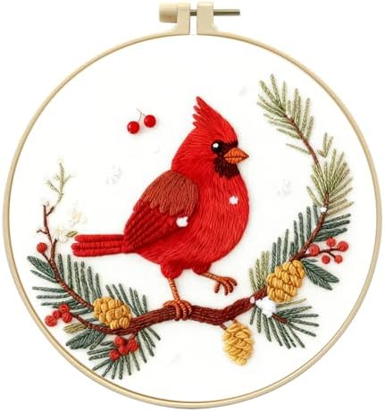 Zhenqing Cardinal Embroidery Kit for Beginners, Winter Red Bird Needlework Craft with Pre-Printed Cotton Fabric, Hoop, Threads & Tools, Holiday Decor (C0213) by ZhenqingHomeFlagship