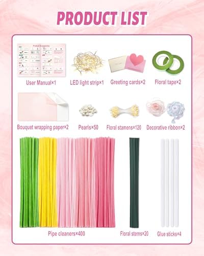 cyctravel 400 Pcs Pipe Cleaner Flower Kit, 5 Colors of Pipe Cleaners for DIY Flower Making Includes Greeting Cards, String Light, Manual, Pipe Cleaners Craft is Ideal for Holiday Gifts and Decorations - Image 2