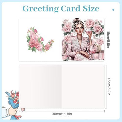 antor 6 Pack 5D Diamond Painting Greeting Cards, Elegant Woman with Floral Design DIY Diamond Art Cards with Envelopes, Handmade Rhinestone Birthday Wedding Thank You Cards for Adults - Image 2