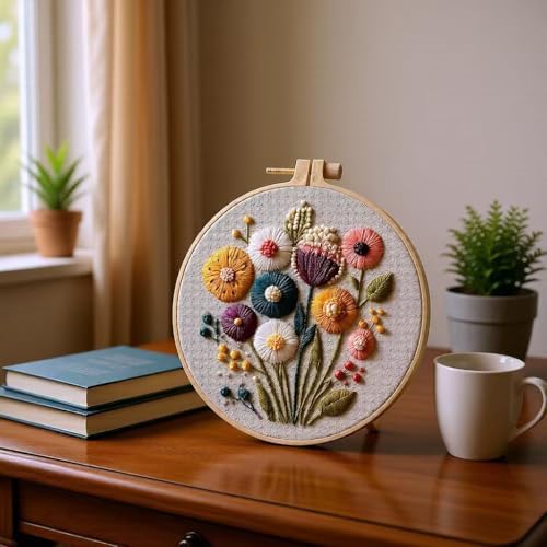 JJFox Embroidery Kit for Beginners and Adults, DIY Hand Embroidery Starter Kit with Cute Pattern, Cross Stitch Needlepoint Set with Hoop, Threads and Instructions (Flower) - Image 4