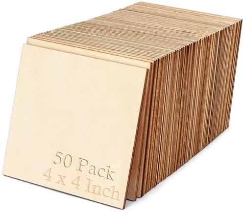 Blisstime 50PCS 4x4 Inch Wood Squares Unfinished Square Wood Pieces for Crafts,Painting, Writing, DIY Supplies, Engraving and Carving, Home Decorations (4x4 Inch 50Pcs) by Blisstime
