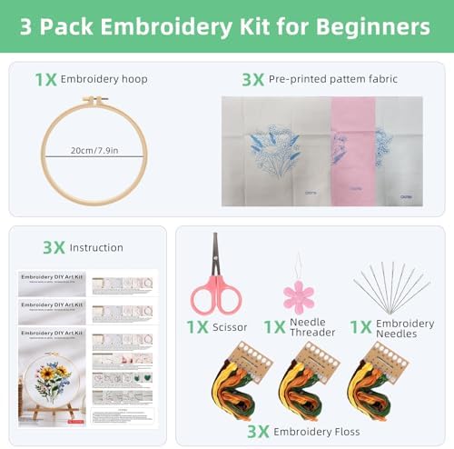 Herdiese Embroidery Kit for Beginners & Adults, 3PCS Floral Patterns. - Image 2