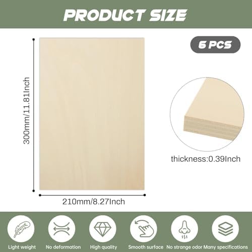 6 Pack Plywood Sheets, 8" x 11.8"x 0.39" Basswood Sheets - Image 2