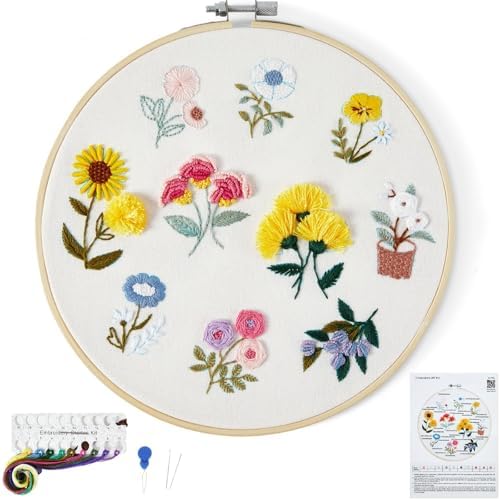 Embroidery Kit for Beginners Adults, Cute Flowers Embroidery Starter Kits, Floral Stamped Cross Stitch Kits for Beginner Adults Craft Kits for Women, Entire Set of Embroidery Supplies & Video Tutorial by Unknown
