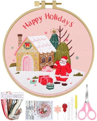 ERKOON Christmas Embroidery Kit for Beginners, Cross Stitch Set for Include Embroidery Cloth Hoops Threads for Craft Lover Hand Stitch with Embroidery Skill Techniques (Santa Claus) by ERKOON