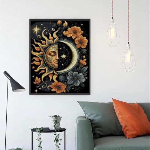 MYBISYMQQ Stamping Cross Stitch Kit Sun and Moon, Round Counting Cross Stitch Kit for Adult Beginners, Full Line DIY Cross Stitch Stitching Kit for Home Decor Cross Stitch Patterns 11.8x15.7inches - Image 3