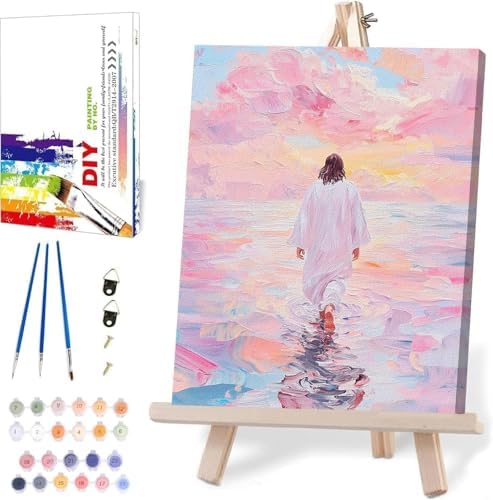 Jesus Paint by Numbers Kit for Adults Framed Canvas, with Wooden Easel by BAWKENTON