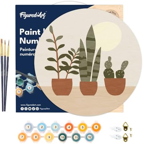 Figured'Art Paint by Numbers Kit for Adults on Wood Slice, 11.8in Diameter - Three Plant pots - Craft Art Painting DIY Canvas - Image 7
