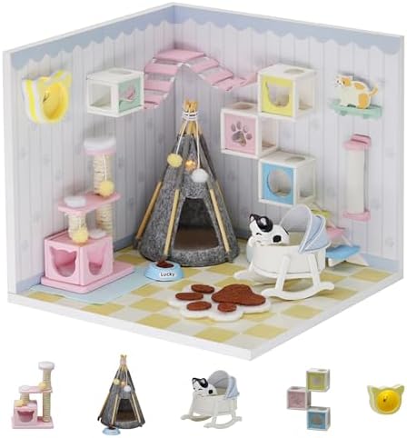 Kisoy Dollhouse Miniature with Furniture Kit, DIY 3D Wooden DIY House Kit A Corner of a Small Apartment Style with Dust Cover & LED,Handmade Tiny House Toys for Gift of Teens and Adults(Pet Room) by Kisoy