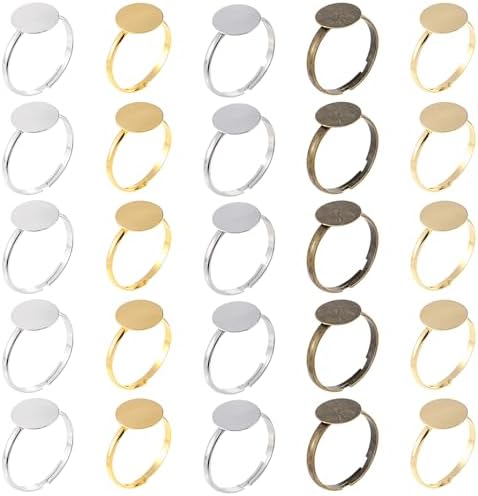 50Pcs Ring Blanks for Jewelry Making Supplies Adjustable Flat Ring Base, 12mm Rings Blanks Jewelry Findings, Silver Gold Rose Gold Black Craft Rings by Unknown