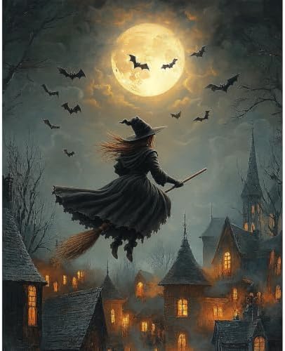 NXIKYO Flying Witch Paint by Numbers Kit for Adults Beginner, Adult Paint by Number Kits on Moon Village Canvas, DIY Acrylic Oil Easy Painting by Numbers for Home Wall Decor 16x20 inch (Without Frame) by NXIKYO