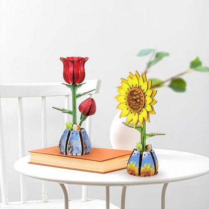 Jege 3D Flowers Wooden Puzzles for Adults,DIY Wooden 2 Flowers per Kit Building Model Set for Home Decor,Ideal Creative Craft Gift Build Kits Toys with 2 Perfume Bottles (Rose + Sun Flower) - Image 3