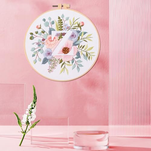IUHUI Embroidery Kit for Beginners Adults - 26 Floral Letters Easy Patterns, DIY Hand Stitching Embroidery Set with Hoop (Flower and Grass Letter Z) - Image 2