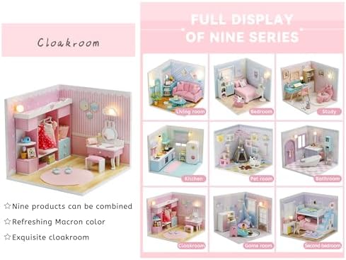 Kisoy Dollhouse Miniature with Furniture Kit, DIY 3D Wooden DIY House Kit A Corner of a Small Apartment Style with Dust Cover & LED,Handmade Tiny House Toys for Adults Gift（Cloak Room） - Image 5