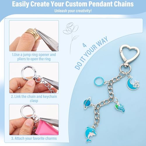 Modacraft 443 Pcs Charms Lip Gloss Keychain Making Kit, Silver DIY Bag Charm Kit Including 28 Key Chain Hooks 30 Extender Chains 172 Charms 200 Jump Rings 10 Lobster Clasps 1 Plier for Gifts Supplies - Image 4