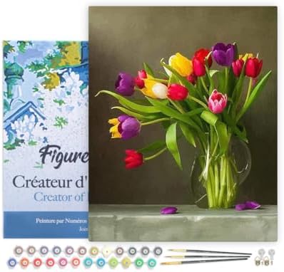 Figured'Art Paint by Numbers for Adults with Frame Multicolored Flowers 16"x20" - Craft Art Painting DIY Kit Canvas Already Stretched on a Wooden Frame by FiguredArt
