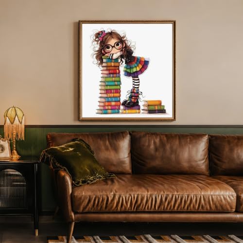 Cute Woman with Books Stamped Cross Stitch Kits for Beginner 13.7x13.7 Inch - Image 5