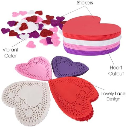 ArtCreativity 126+ Pcs Valentine's Day Heart Doilies Card Crafts for Kids - Valentine Day Crafts for Classroom Parties - Valentines Craft Supplies Kits with Heart Doilies and Glitter Foam Stickers - Image 6