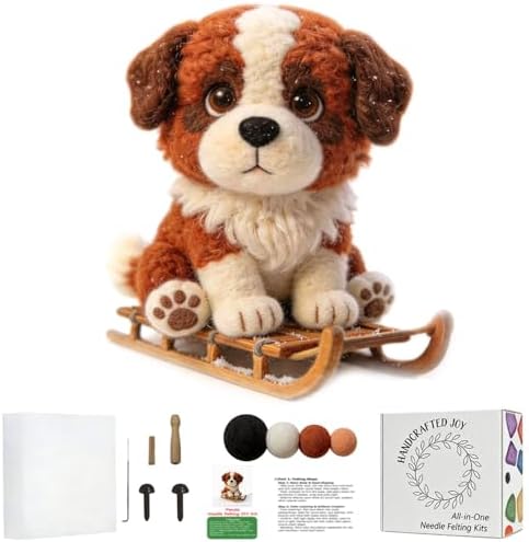 DIY Needle Felting Kit Cute Saint Bernard Puppy on Sled – Needle Felting Starter Kit with Fiber Roving, Needles, Felting Pad & Instructions | Felted Dog Kit for Beginners Adults | DIY Craft Gift by FaceNFace